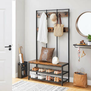 XL klesstativ med sittebenk og skoforvaring – industriell stil, vintage brun/svart