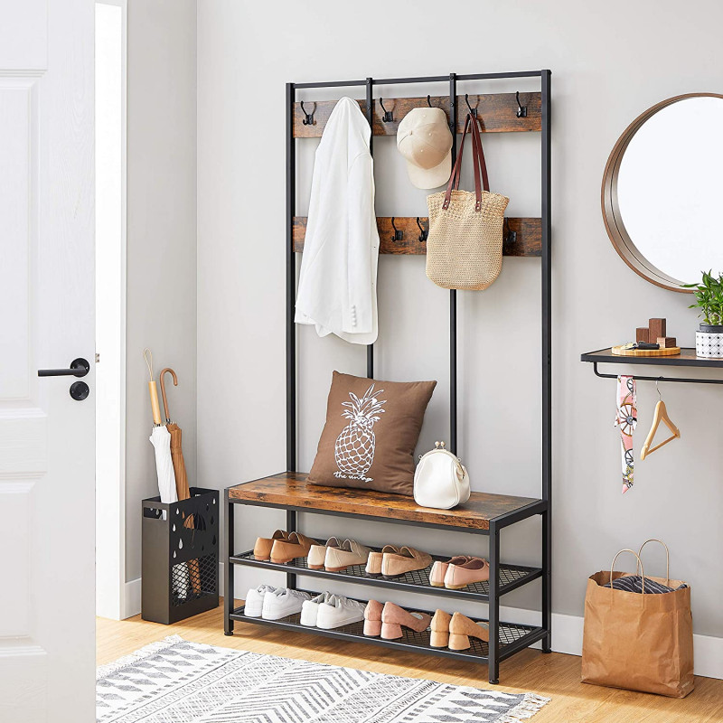 XL klesstativ med sittebenk og skoforvaring – industriell stil, vintage brun/svart